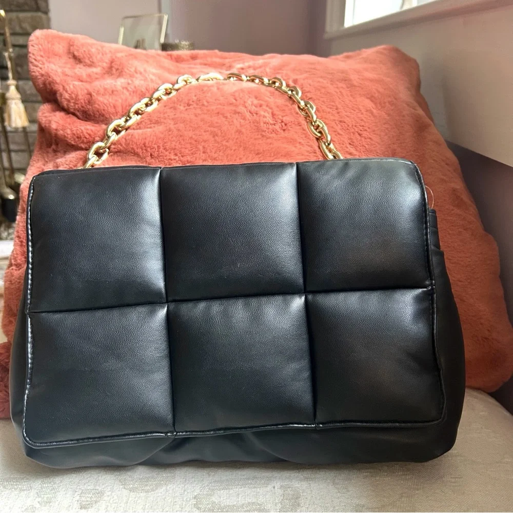 Black Quilted Shoulder Bag with Gold Chain Strap